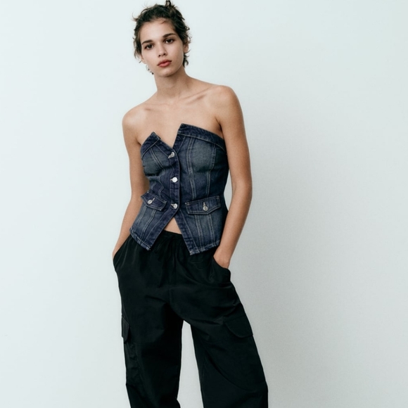 New Zara Strapless Denim Top - Picture 2 of 7